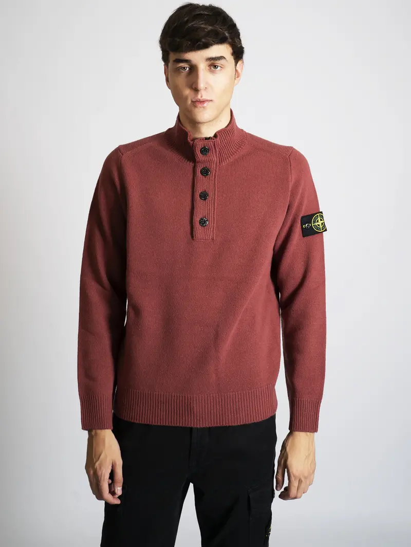 Brick Red Half-Zip Knit Top With Decorative Buttons 1
