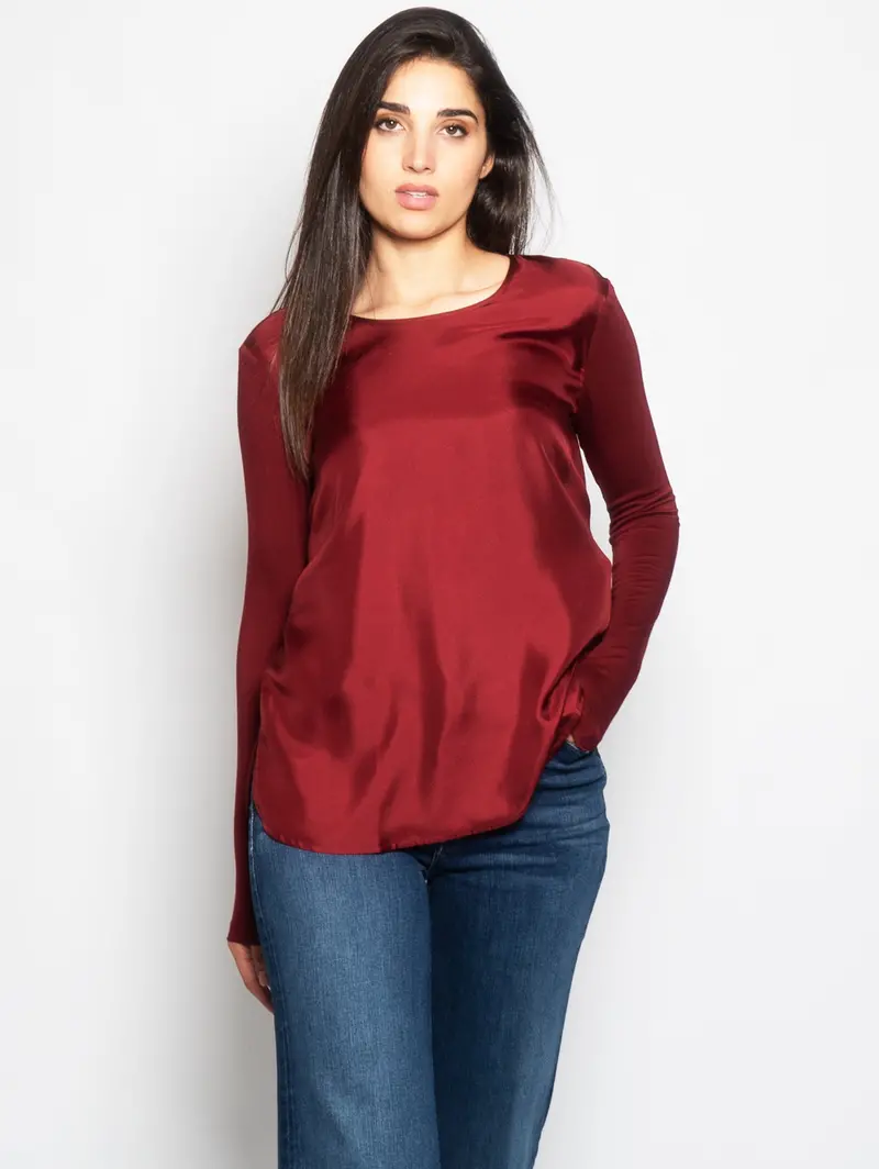 Brick-Tone Dual-Fabric Box-Print T-Shirt 1