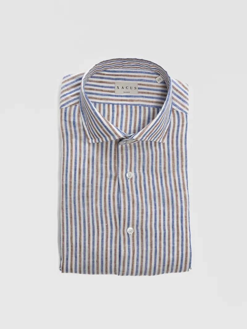 Brown And Navy Thin-Stripe Linen Shirt 1