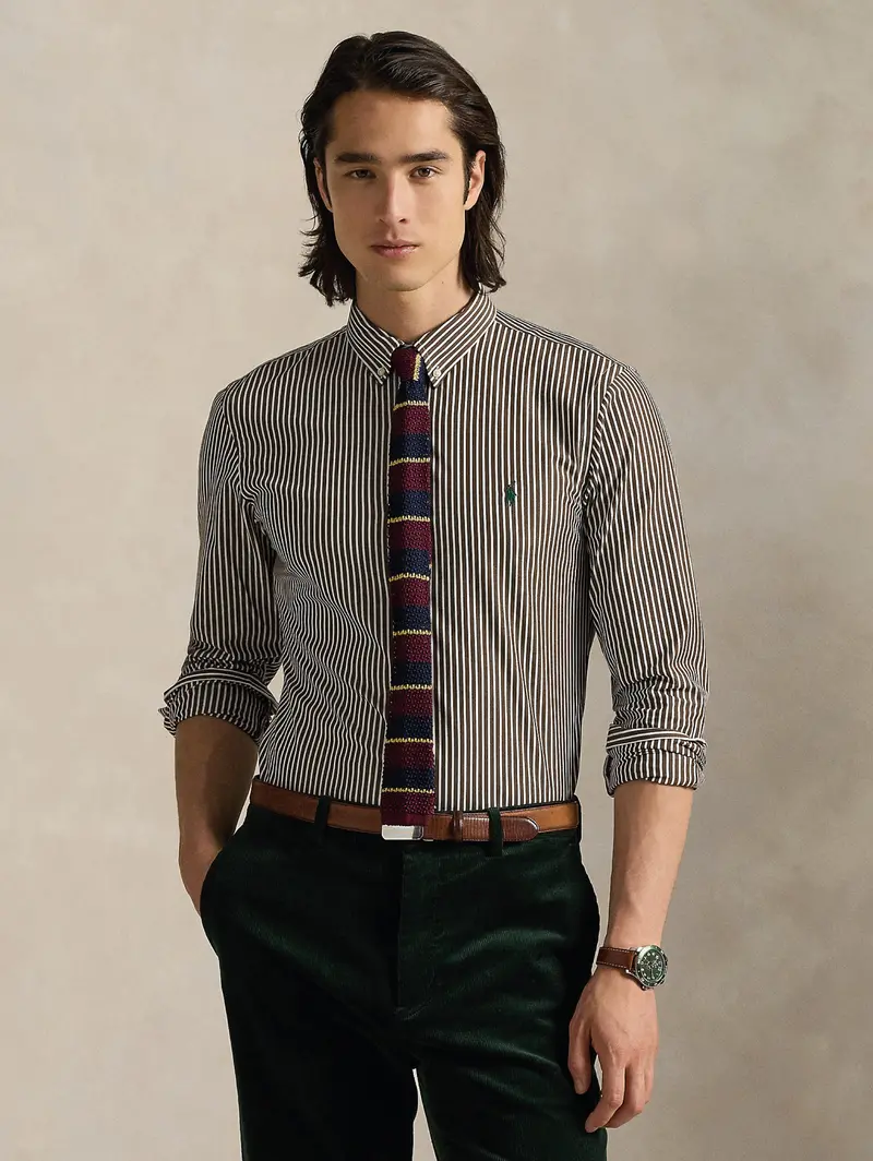Brown-And-White Stretch Poplin Shirt – Slim Fit 1
