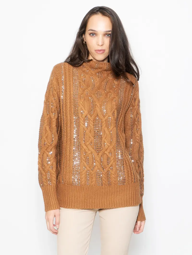 Brown Cable-Knit Turtleneck With Decorative Studs 1