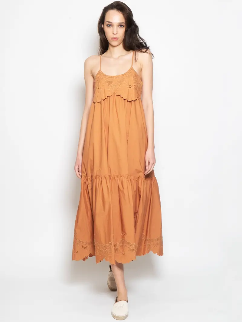 Brown Embroidered Cotton Maxi Dress 1