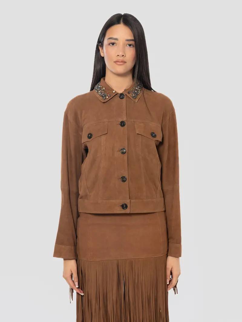 Brown Leather Jacket With Fringe Trim 1