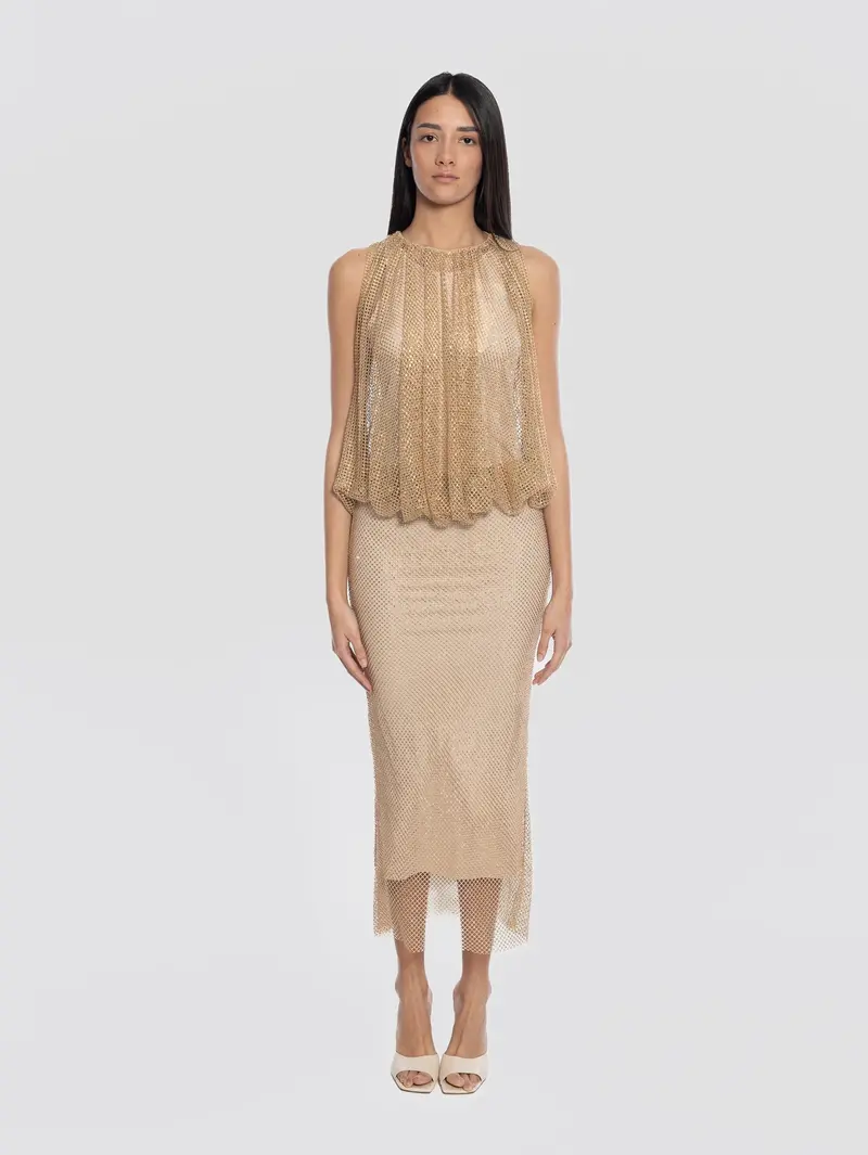 Camel-Colored Long Mesh Dress With Crystal Embellishments 1