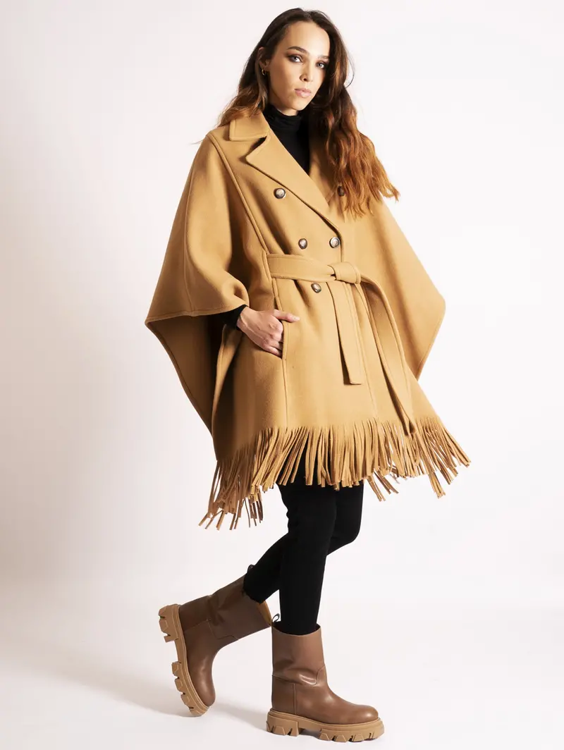 Camel Fringed Cape Coat 1