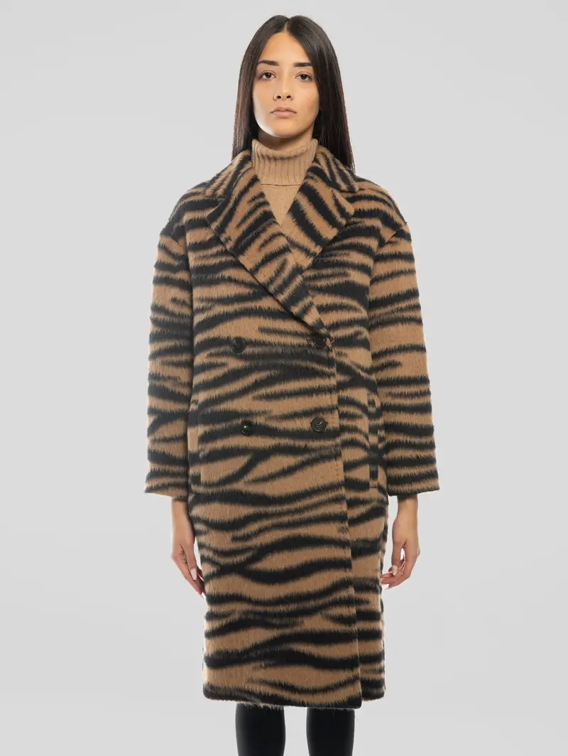 Camel Jacquard Animal-Print Wool Coat 1