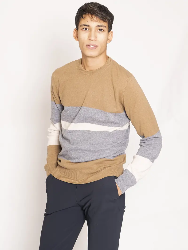Camel Striped Geelong Wool Crew-Neck Sweater 1