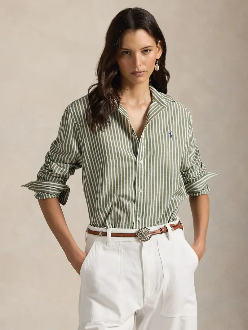 Classic-Fit Green-And-White Striped Shirt 1