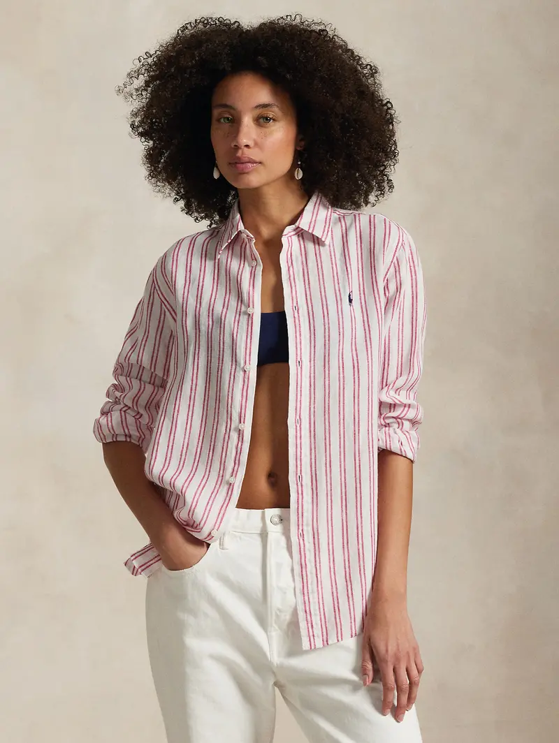 Classic-Fit White-And-Red Striped Linen Shirt 1