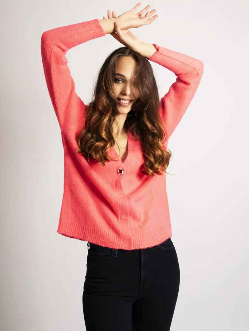 Coral Jewel-Button Cardigan 1
