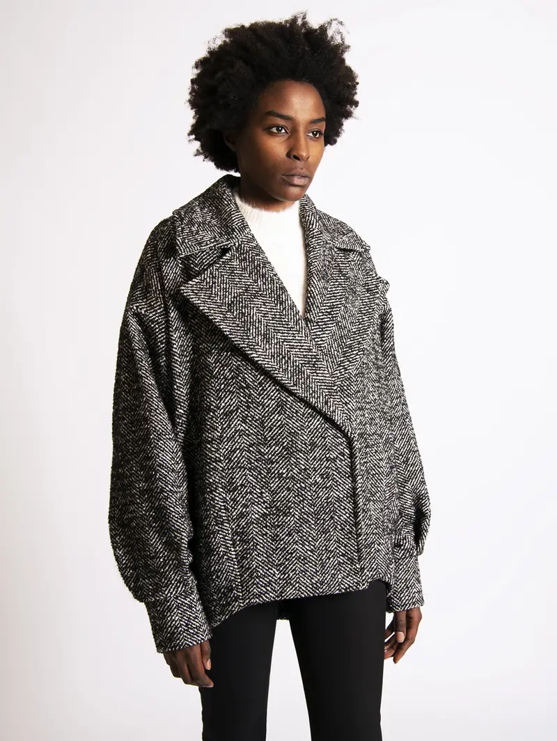 Cream-And-Black Bouclé Peacoat 1