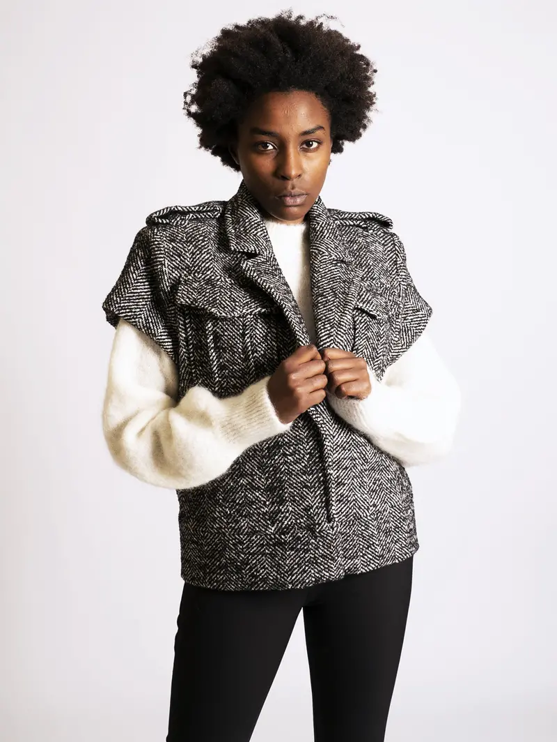 Cream-And-Black Short-Sleeve Bouclé Jacket 1