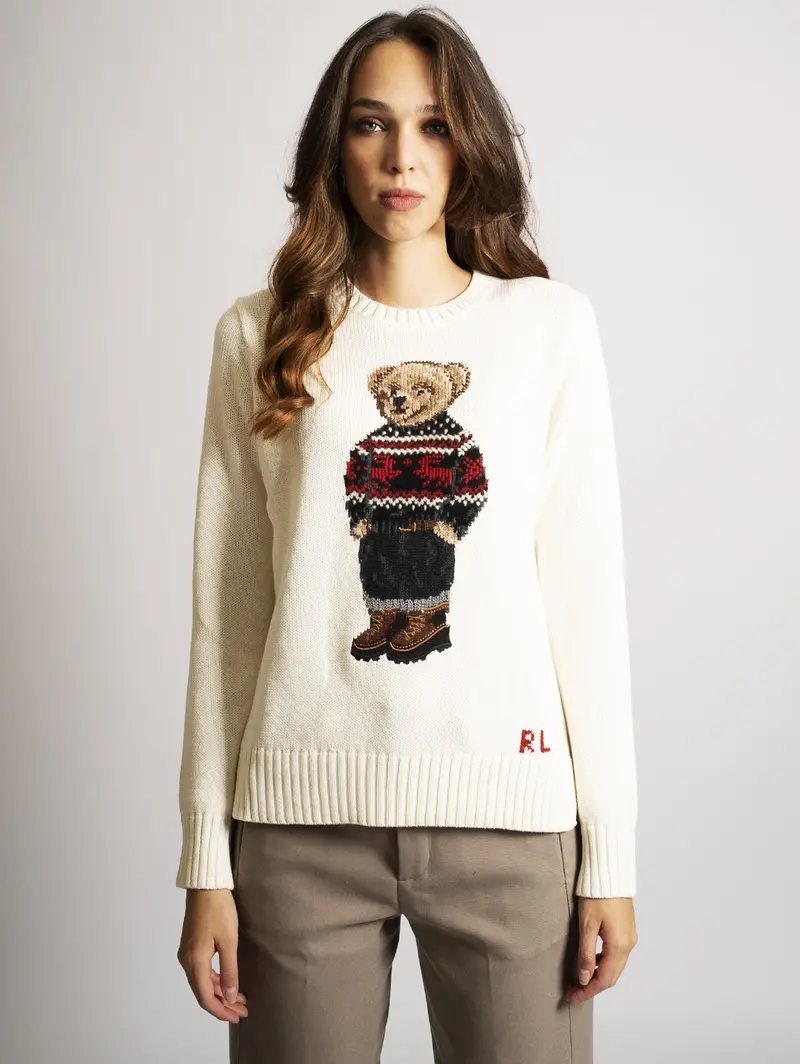 Cream Cotton Tee With Multi-Color Polo Bear Graphic 1