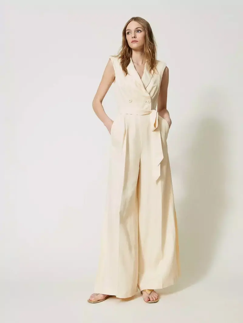 Cream Double-Breasted Jumpsuit With Palazzo Pants 1