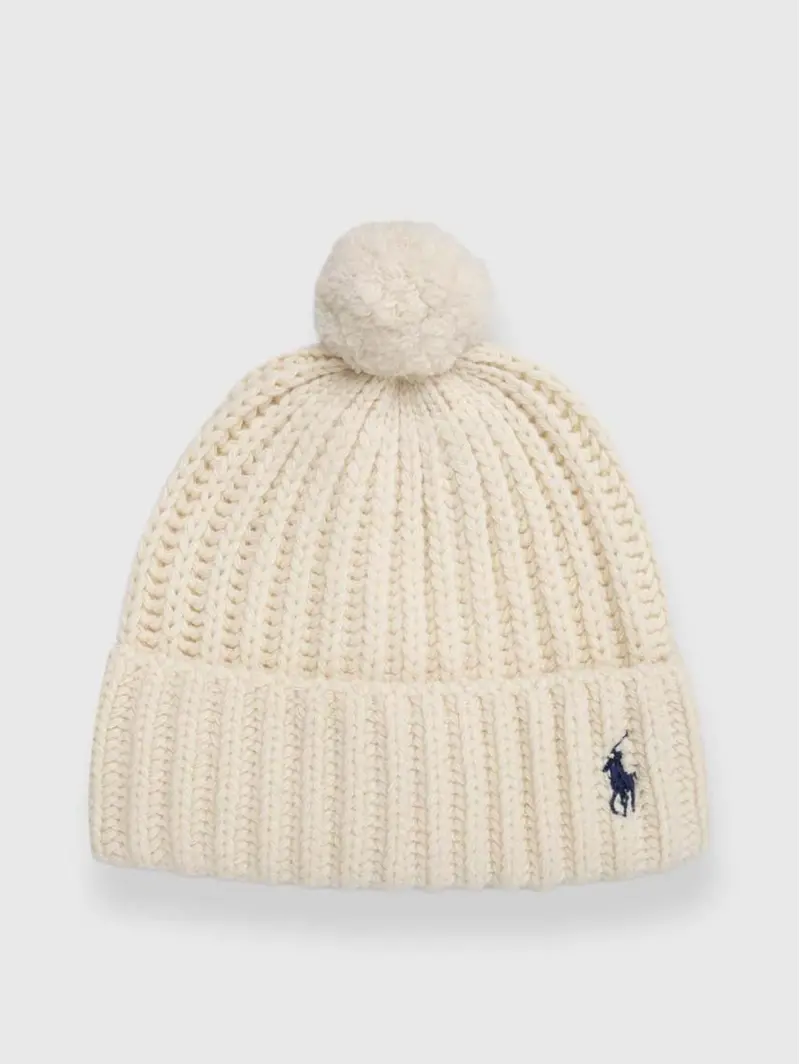 Cream Pony-Embroidered Beanie With Pom-Pom 1