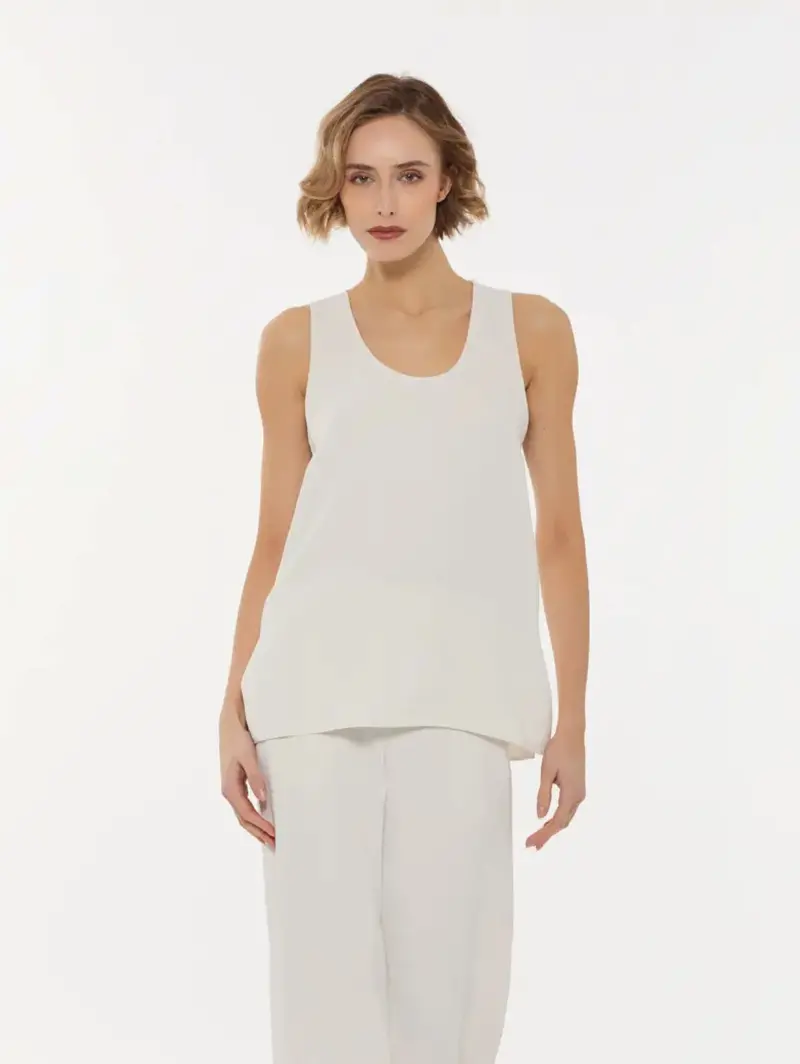 Cream Sleeveless Cady Blouse With Round Neck 1