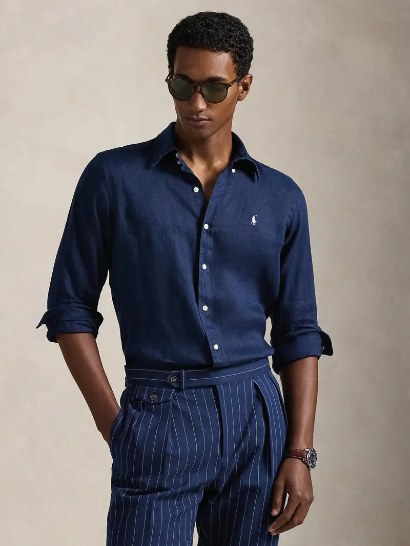 Custom-Fit Linen Shirt In Navy Blue 1