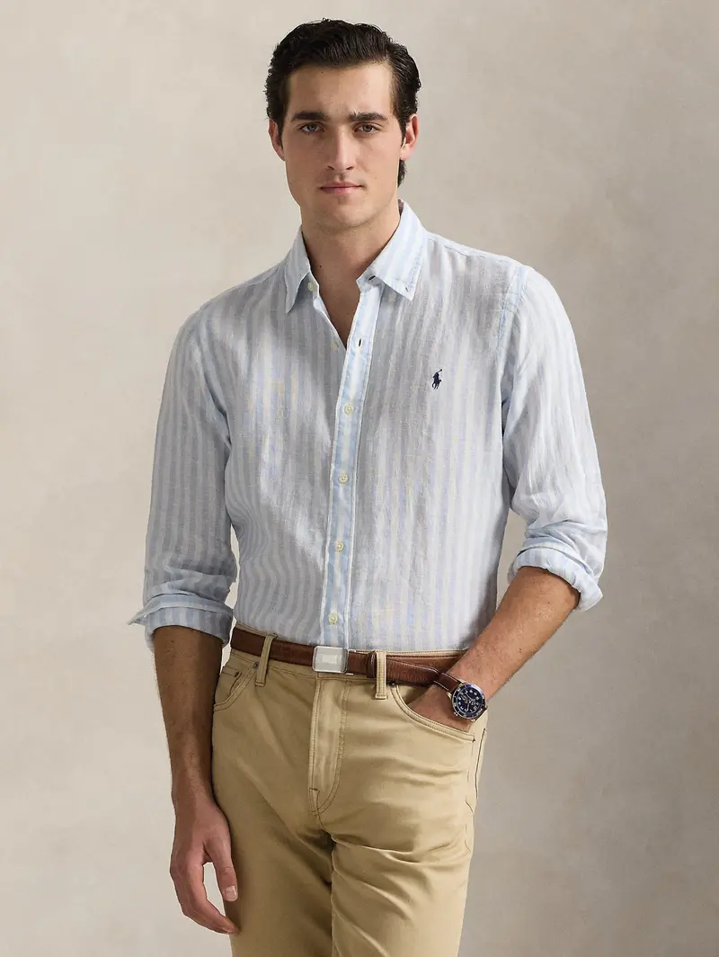 Custom-Fit Wide-Stripe Light Blue Linen Shirt 1