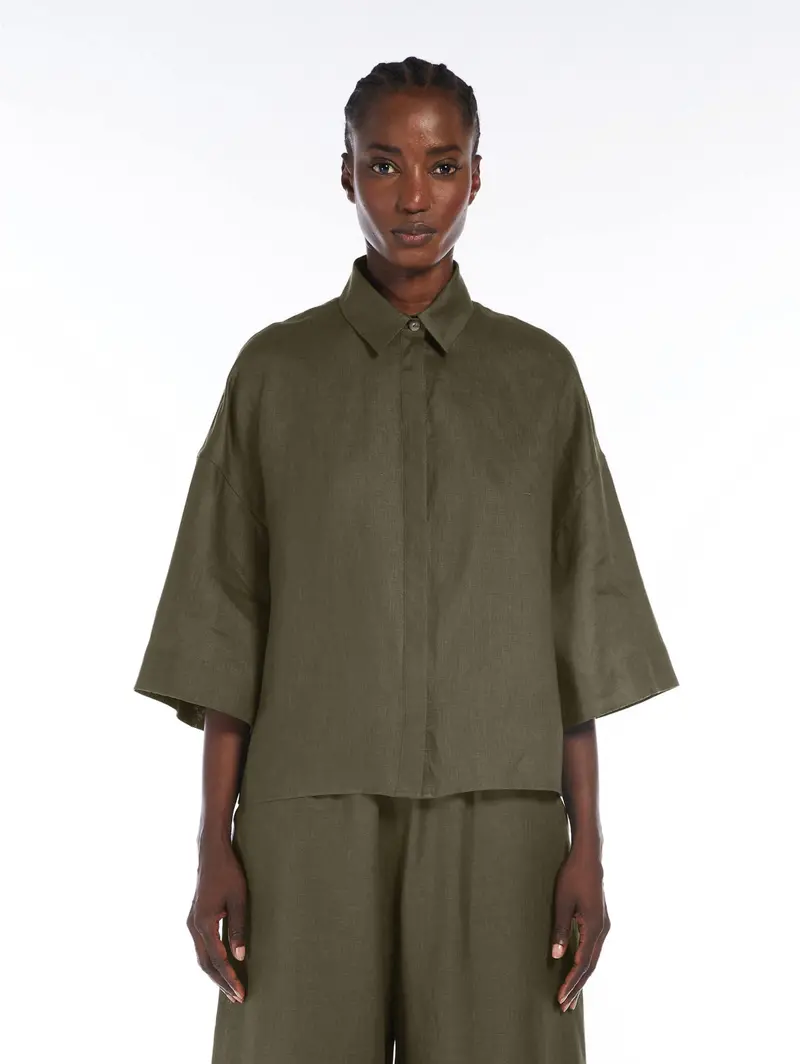 Dark Green Cropped Linen Shirt – Mirano Style 1
