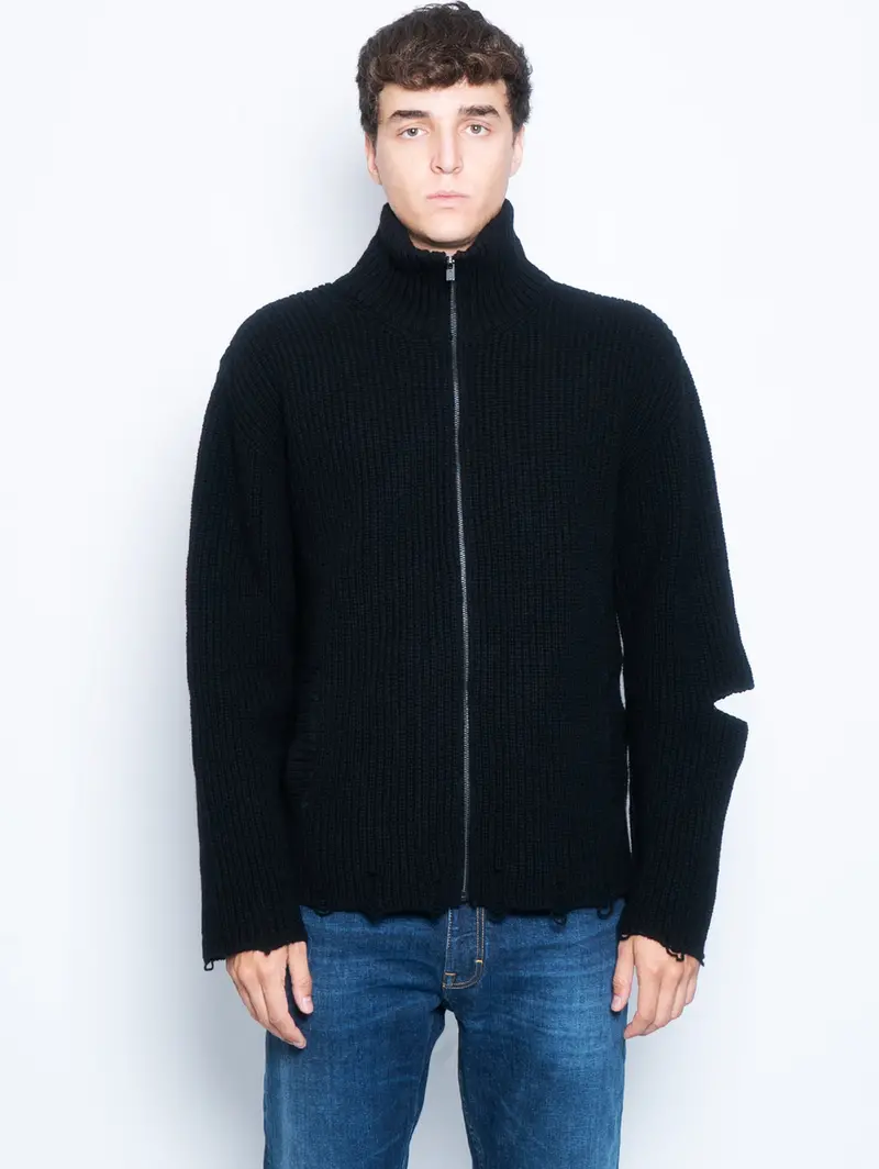 Distressed Full-Zip Cardigan In Black 1