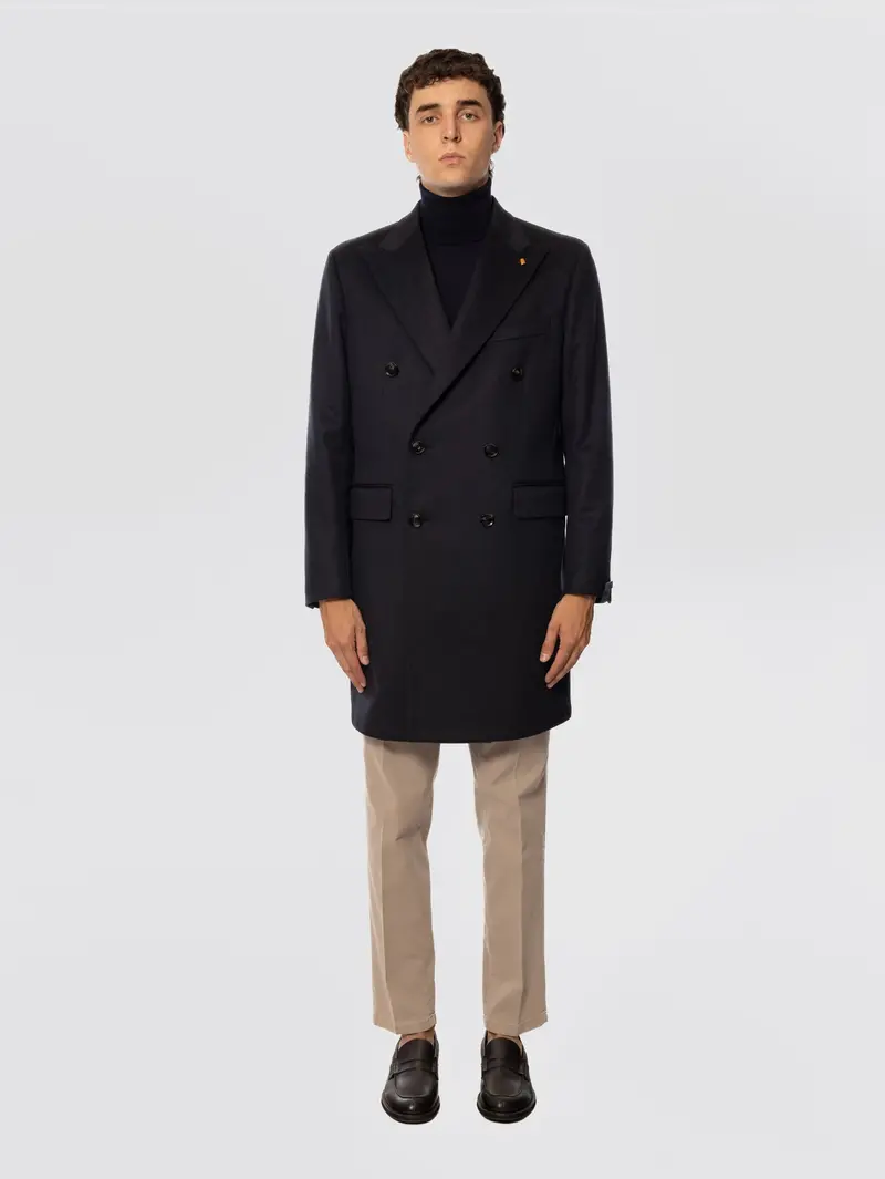 Double-Breasted Wool-Blend Cashmere Coat In Navy 1