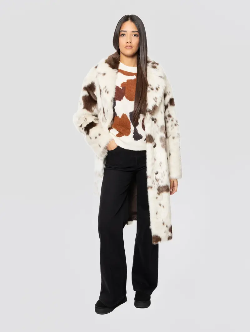 Eco-Fur Jacket With Cowhide Print In Cream And Brown 1