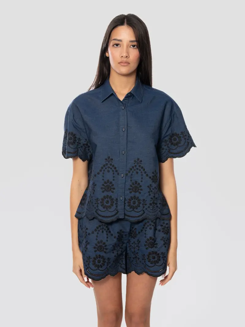 Embroidered Denim Chambray Shirt In Navy 1