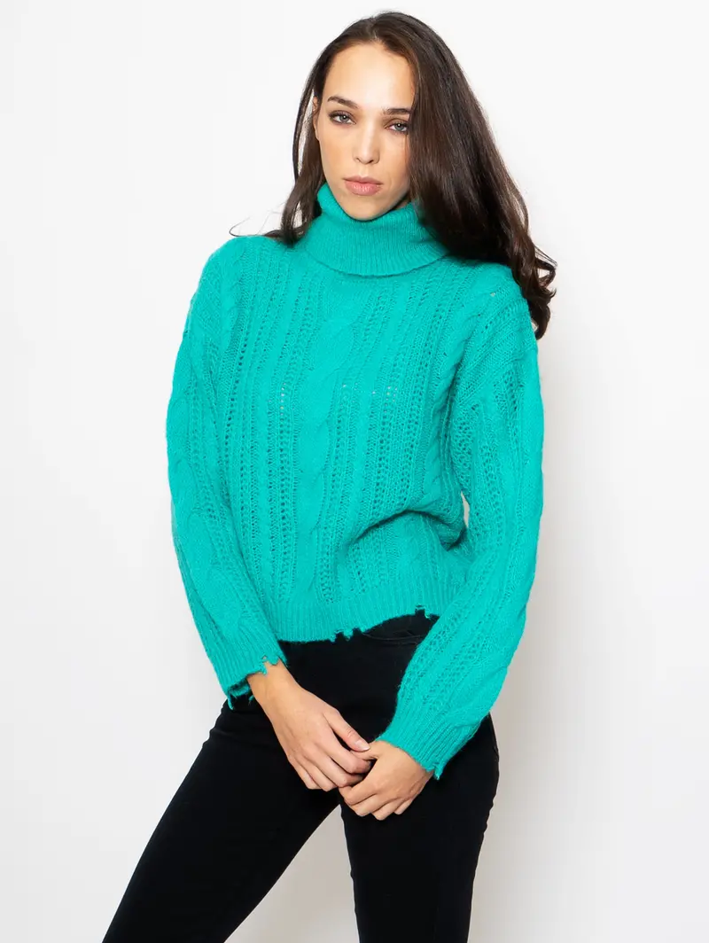 Emerald Green High-Neck Curly Knit Sweater 1