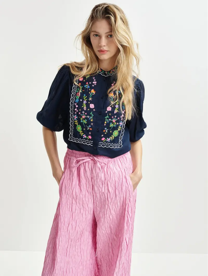 Floral-Embroidered Blue 3/4-Sleeve Shirt 1