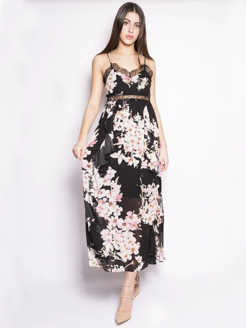 Flowing Georgette Long Dress In Black And Rose 1