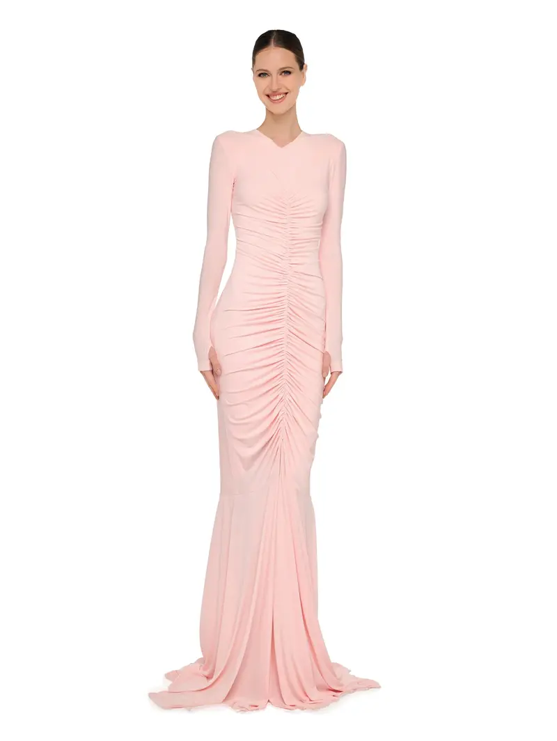 Front-Ruffled Pink Long Dress 1