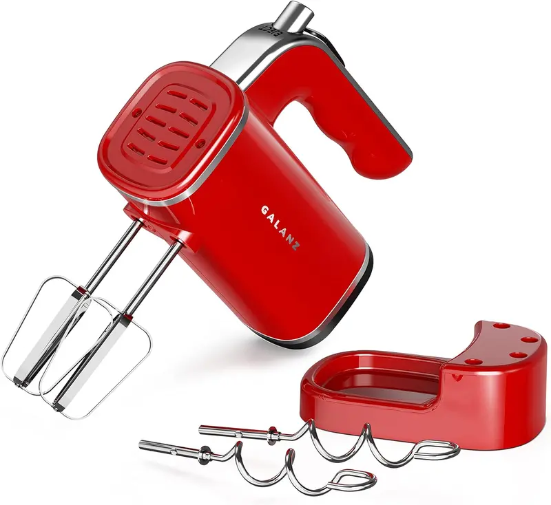 Galanz Retro-Style 5-Speed Hand Mixer – Hot Rod Red Finish With Integrated Storage Base 1