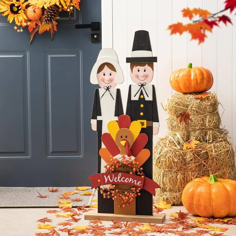 Glitzhome Wooden Pilgrim Couple Porch Sign – 36-Inch Thanksgiving-Themed Outdoor Decor 1