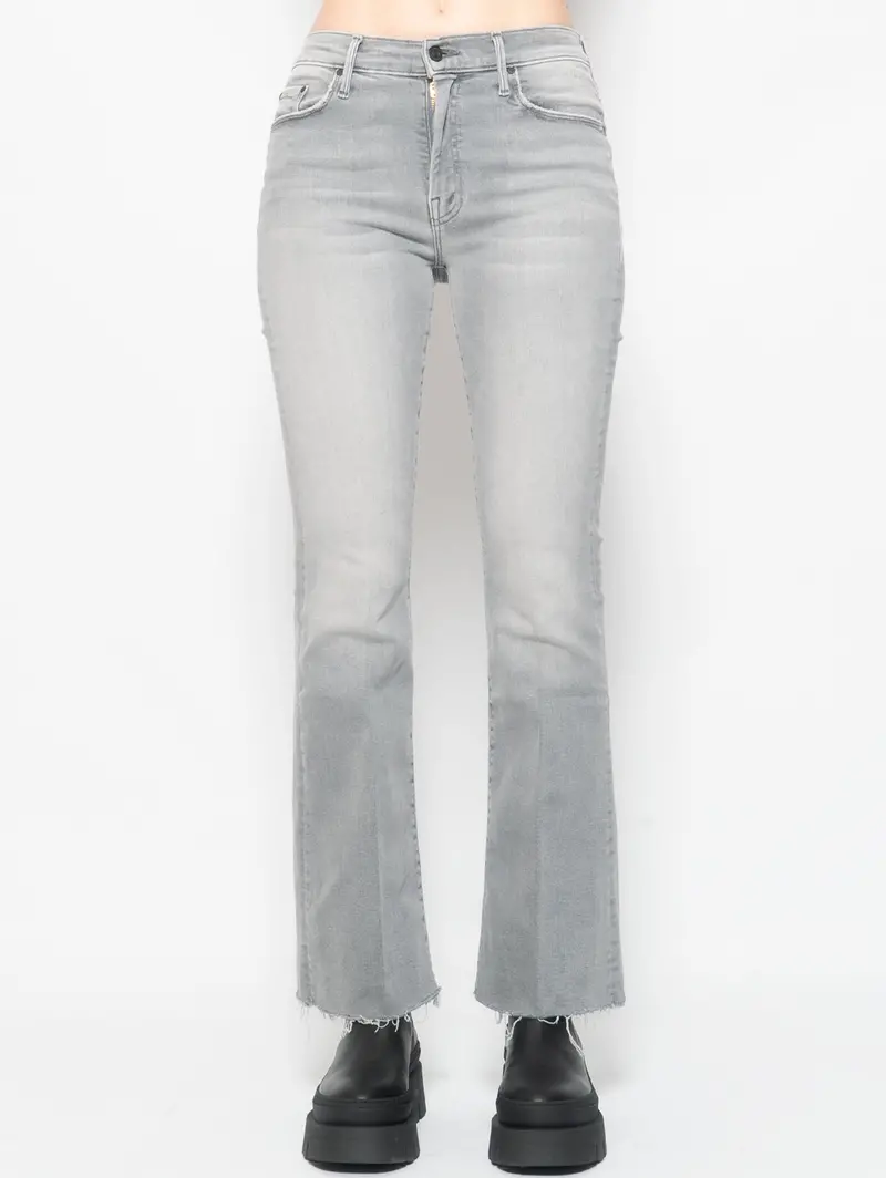 Gray Frayed-Hem Flared Denim Jeans 1