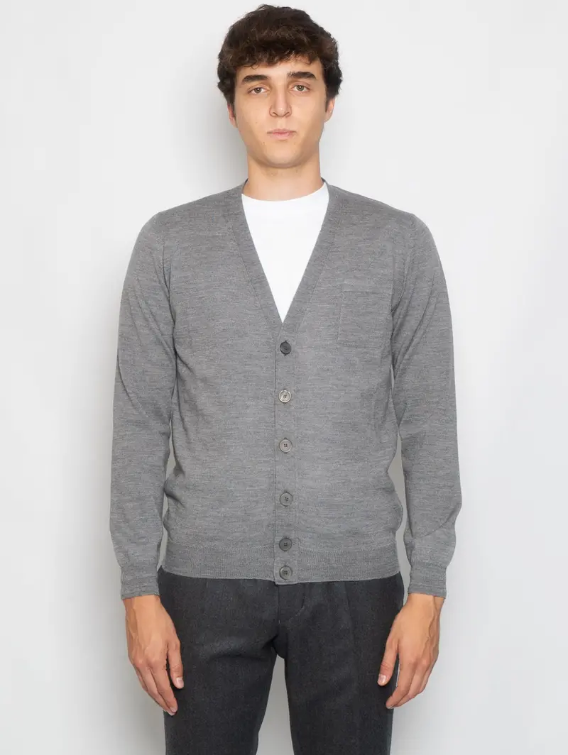 Gray Merino Wool Cardigan With Patch Pocket 1