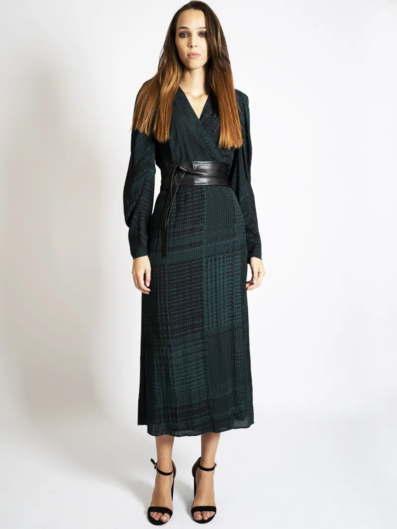 Green And Black Houndstooth Long Dress 1