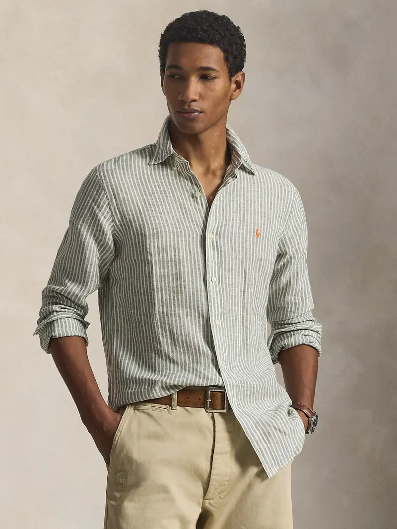 Green And White Striped Linen Custom-Fit Shirt 1