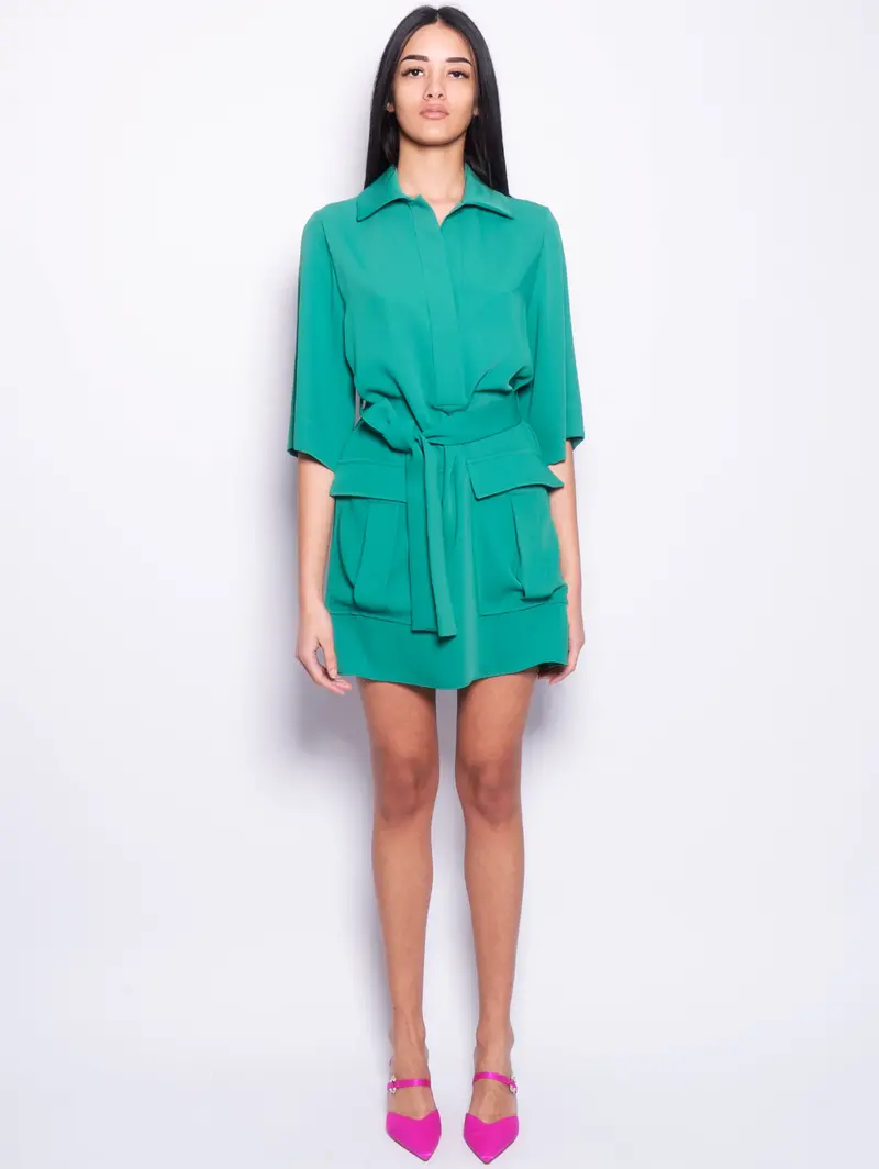 Green Belted Dress With Functional Pockets 1