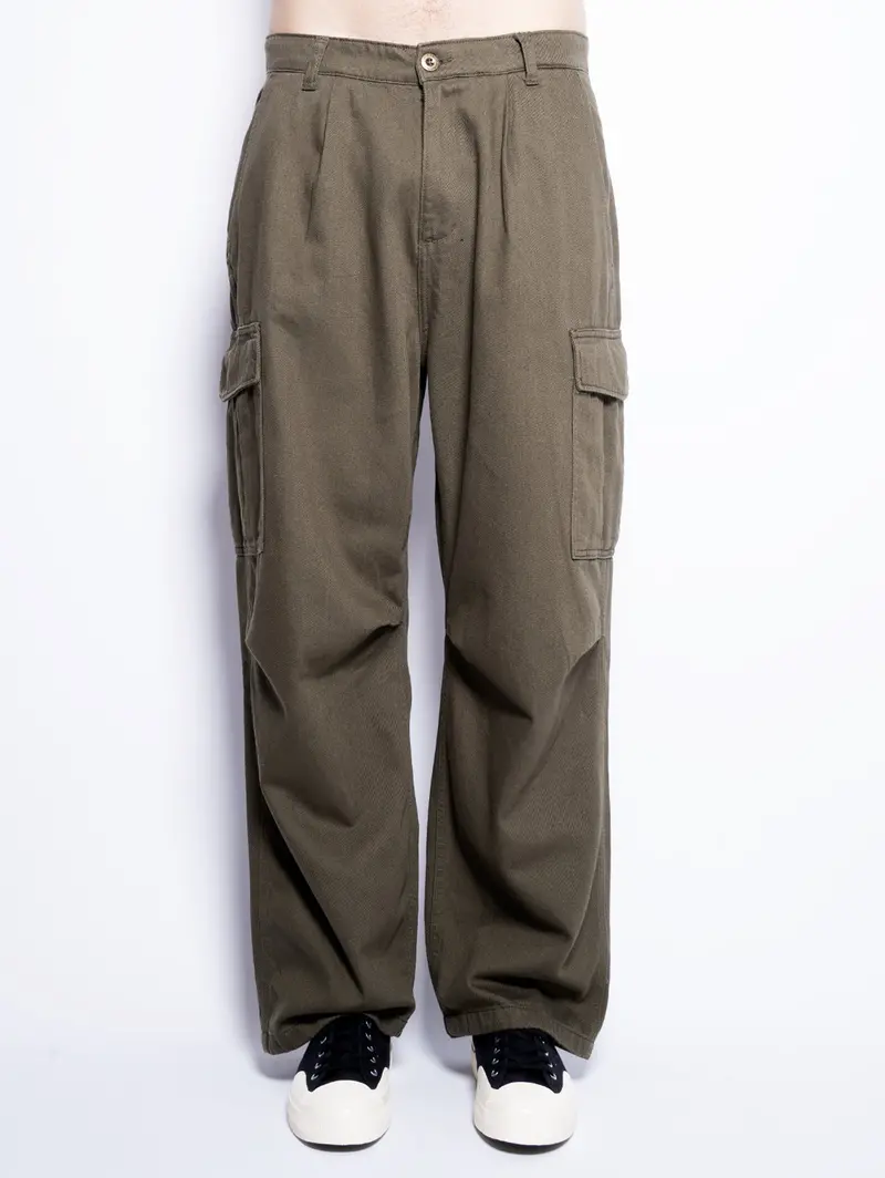 Green Cotton Twill Pleated Cargo Pants 1