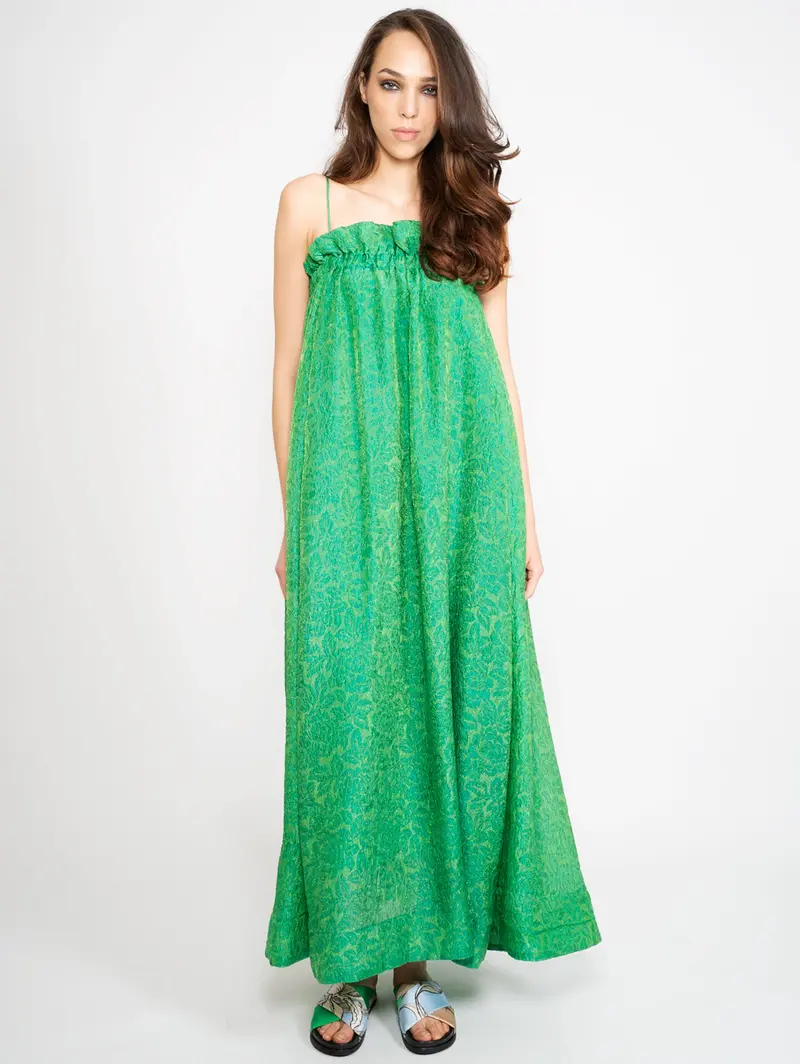 Green Elastic-Waist Jacquard Dress 1
