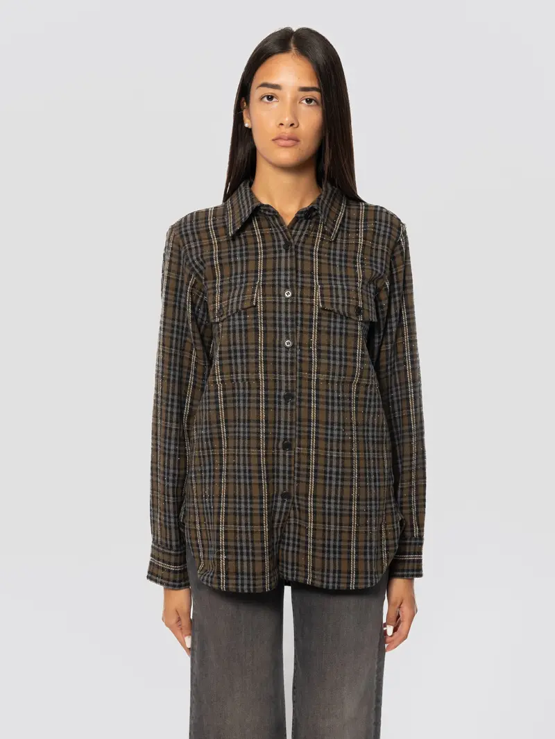 Green Plaid Flannel Shirt With Rhinestone Accents 1