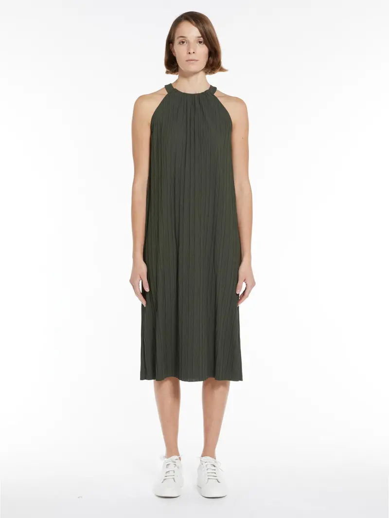 Green Pleated Jersey Dress With Deep American Neckline 1