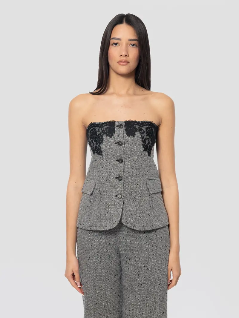 Grey Lace-Embellished Tweed Crop Top 1