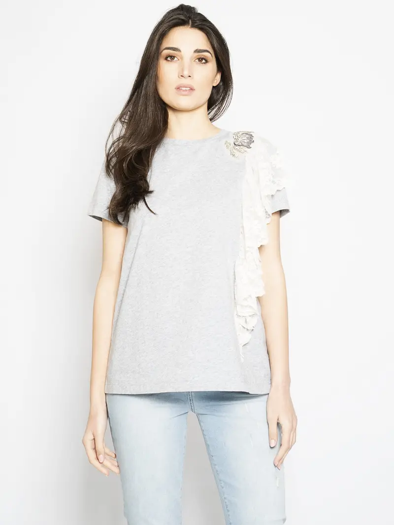 Grey Lace Trim T-Shirt With Balsa Detail 1