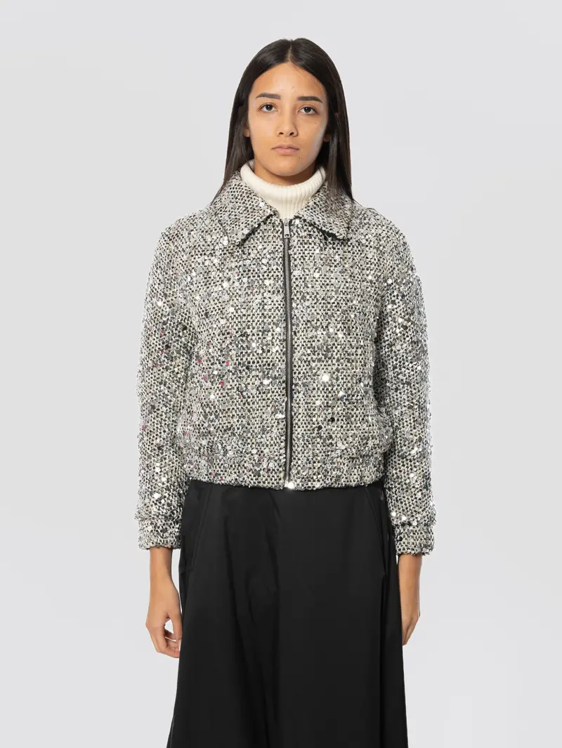 Grey Tweed Bomber With Sequin Embellishment And Quilting 1