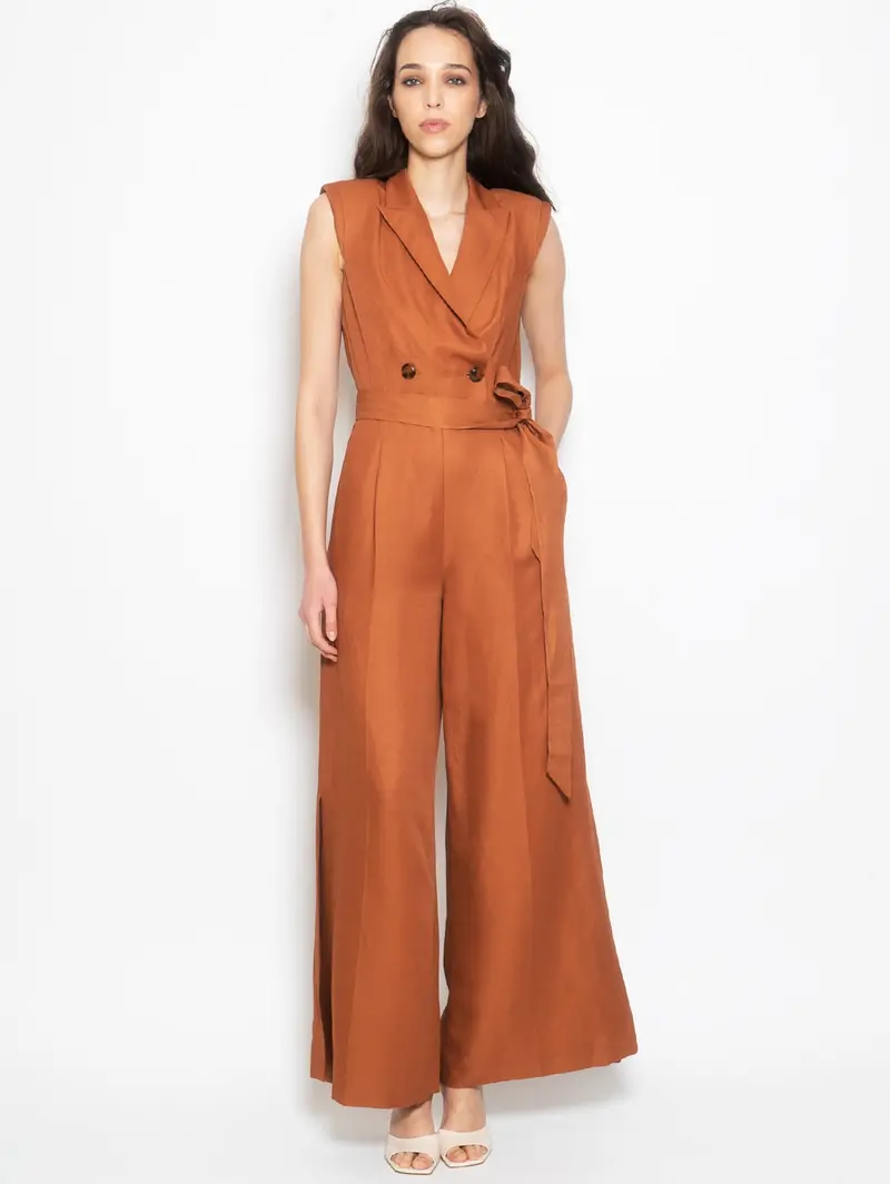 Hazelnut Double-Breasted Jumpsuit With Palazzo Pants 1