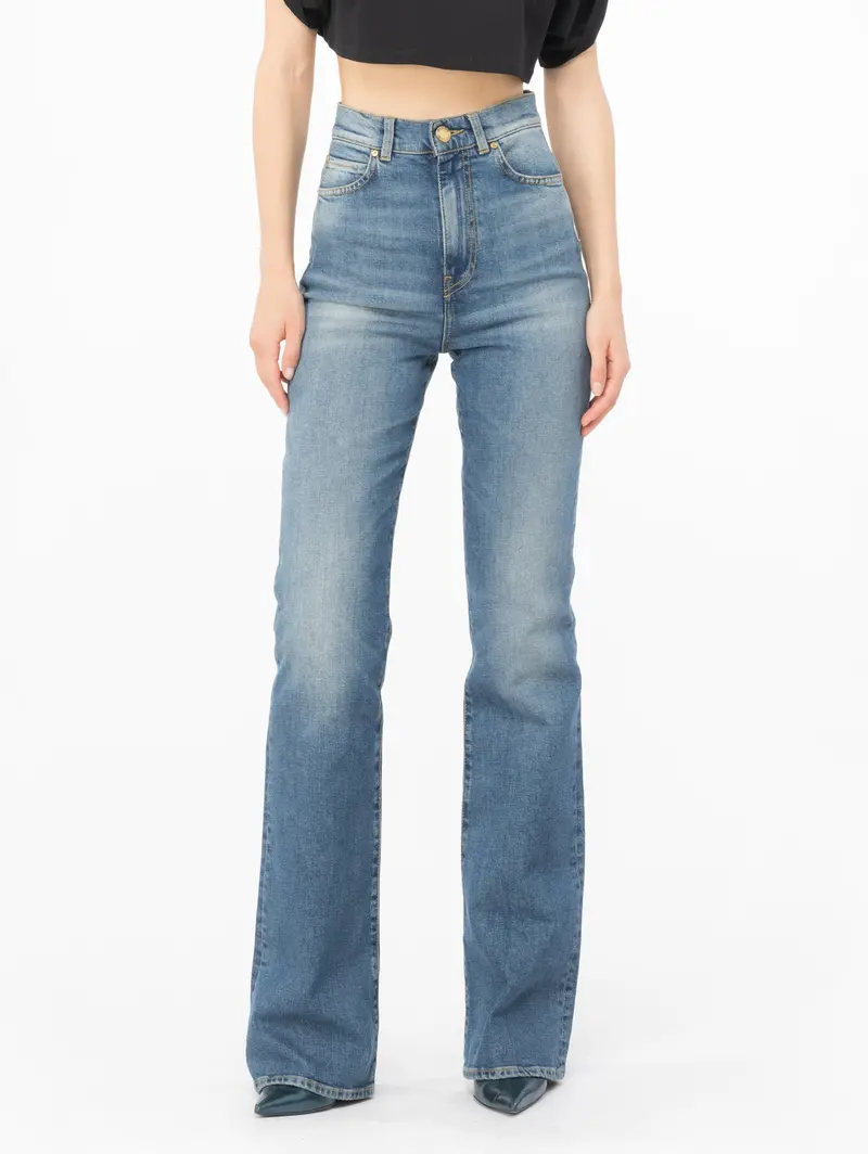 High-Waisted Flared Jeans In Distressed Wash 1