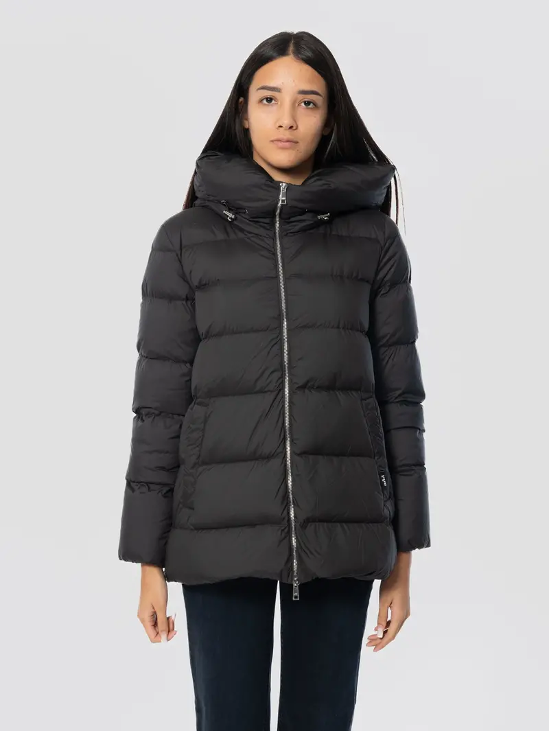 Hooded Down Jacket With Side Zips In Black 1
