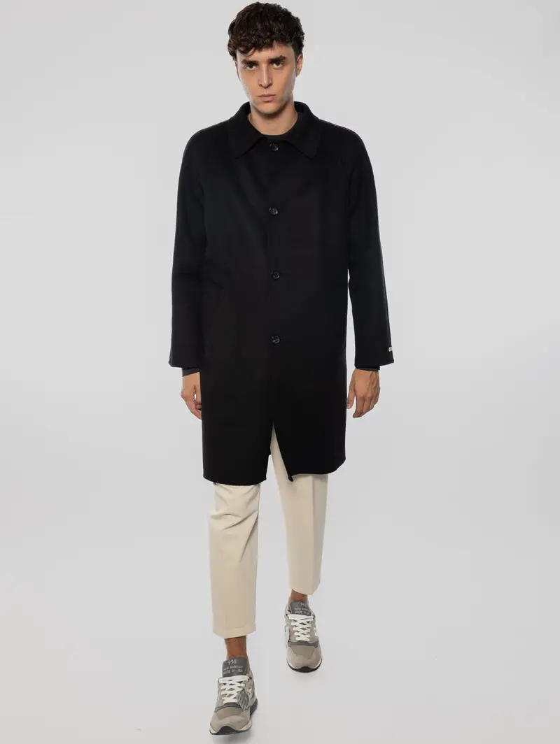 Long Double-Fabric Coat In Black Marcello 1