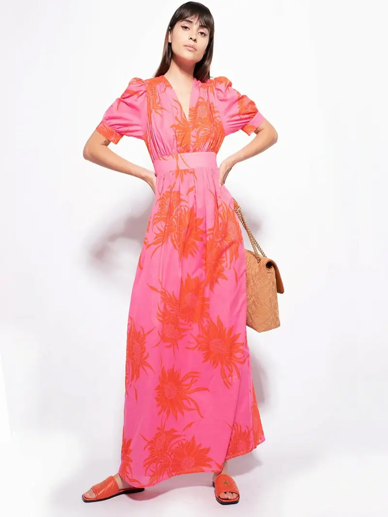 Long Pink-And-Red Macro Floral Print Dress 1